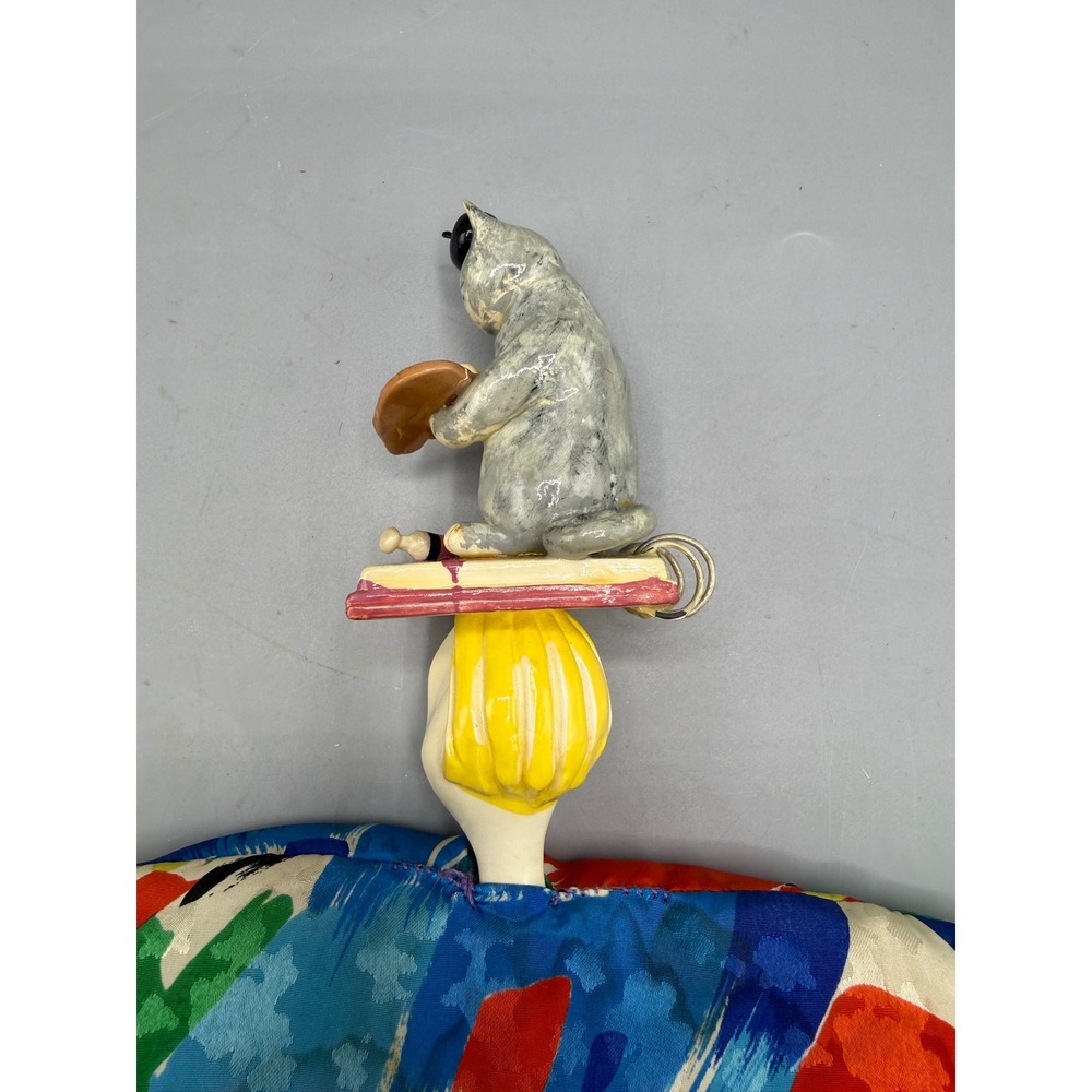 Vintage Art Doll Ceramic Cat Artist Painter Abstract Print Harlequin 12.5" - Picture 4 of 7